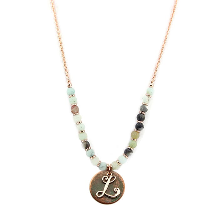 AN1318 - LAMT2 27" Rose Gold Tone & Patina 'L' Semi Precious Bead Necklace - MiMi Wholesale