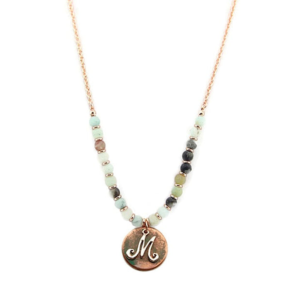 AN1318 - MAMT2 27" Rose Gold Tone & Patina 'M' Semi Precious Bead Necklace - MiMi Wholesale