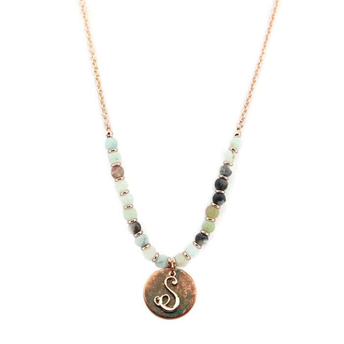 AN1318 - SAMT2 27" Rose Gold Tone & Patina 'S' Semi Precious Bead Necklace - MiMi Wholesale