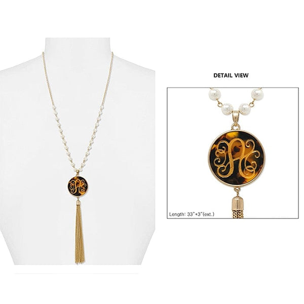 AN1866 - AWG Pearl & Gold Necklace Tortoise Initial "A" Pendent and Tassel - MiMi Wholesale