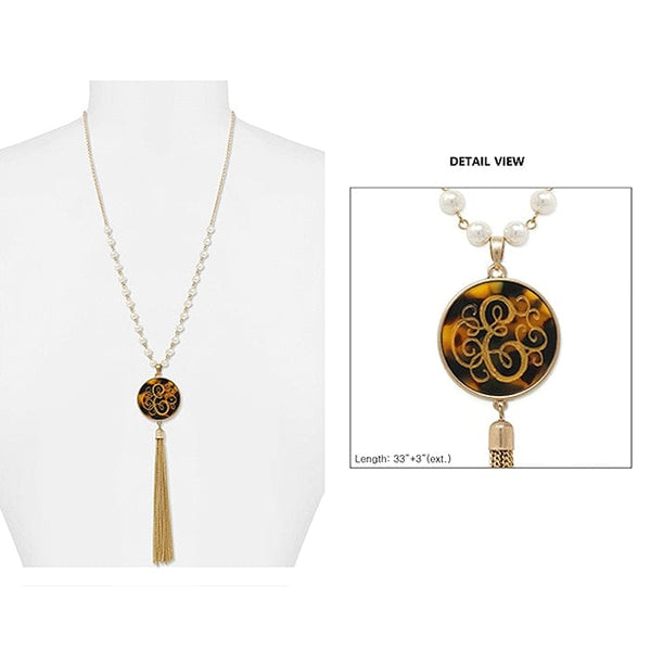 AN1866 - EWG Pearl & Gold Necklace Tortoise Initial "E" Pendent and Tassel - MiMi Wholesale