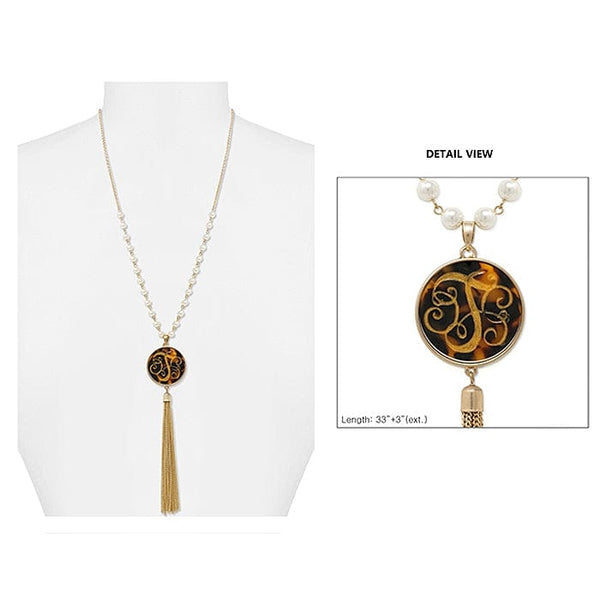 AN1866 - TWG Pearl & Gold Necklace Tortoise Initial "T" Pendent and Tassel - MiMi Wholesale