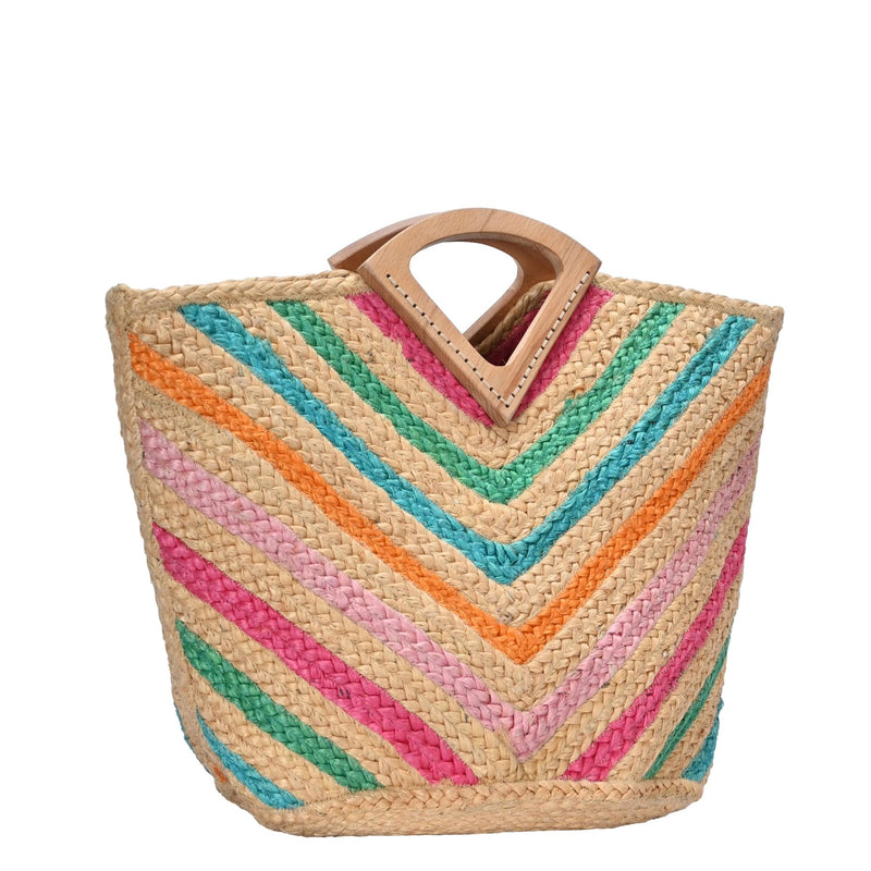 BGAIN198 Rainbow Chevron Straw Tote With Wood Handles - MiMi Wholesale