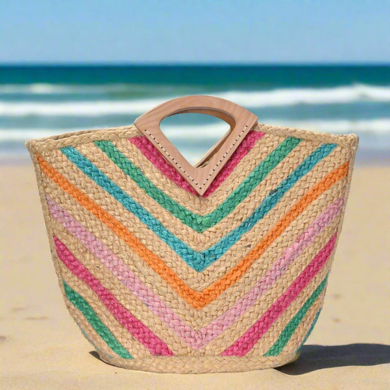 BGAIN198 Rainbow Chevron Straw Tote With Wood Handles - MiMi Wholesale