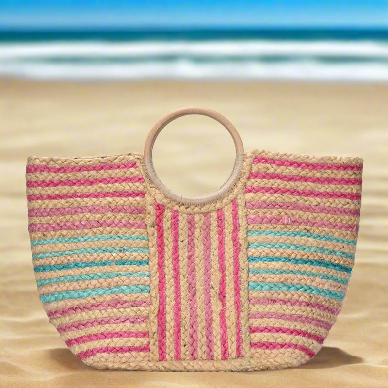 BGAIN199 Stiped Straw Beach Tote With Wood Handles - MiMi Wholesale