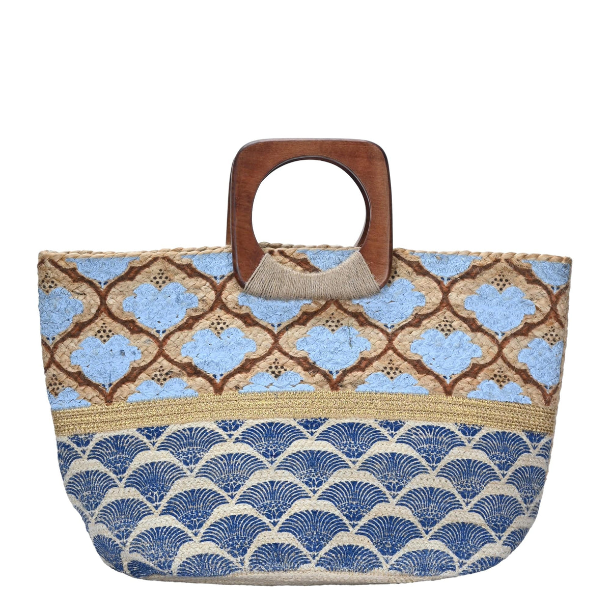BGAIN203 Handmade Tropical Boho Jute Tote With Wooden Handles - MiMi Wholesale