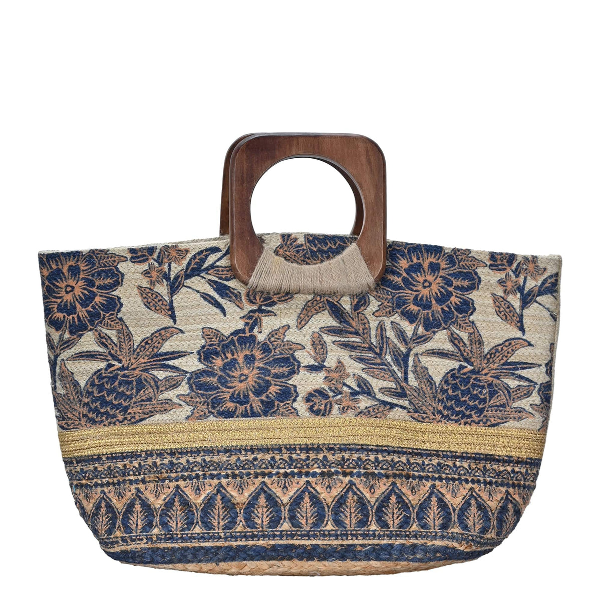 BGAIN203 Handmade Tropical Boho Jute Tote With Wooden Handles - MiMi Wholesale