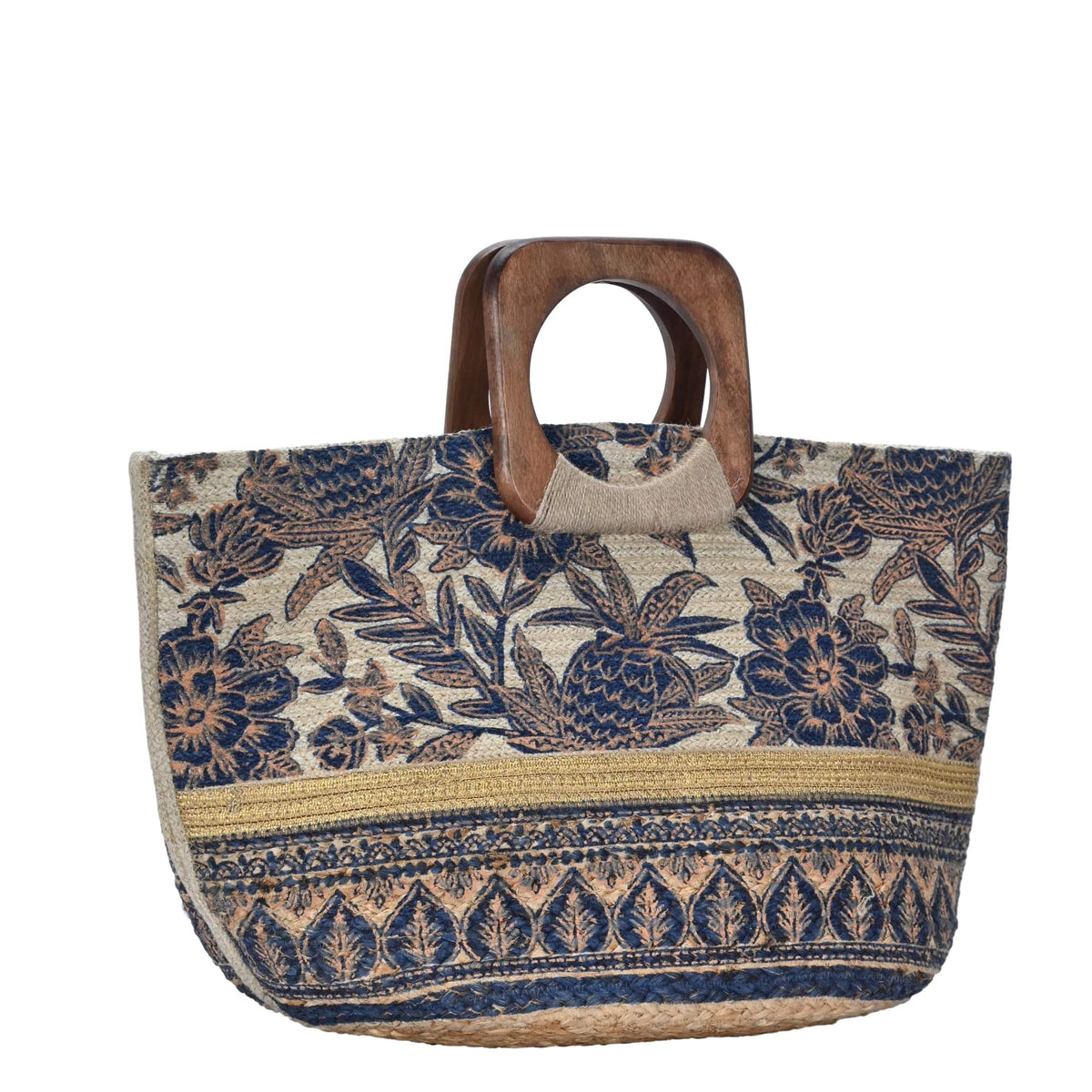 BGAIN203 Handmade Tropical Boho Jute Tote With Wooden Handles - MiMi Wholesale