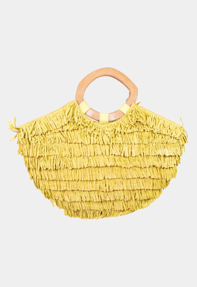 BGAIN277 Donna Raffia Ruffle Tote Bag With Wooden Handles - MiMi Wholesale