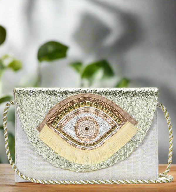 BGAIN307 Metallic Handbeaded Fringe Evil Eye Clutch/Crossbody - MiMi Wholesale