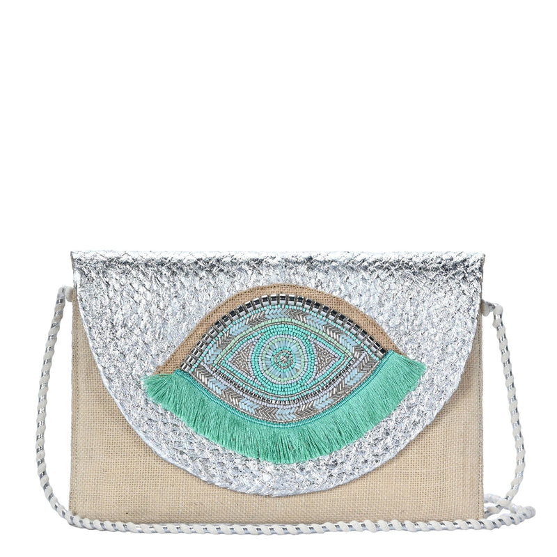 BGAIN307 Metallic Handbeaded Fringe Evil Eye Clutch/Crossbody - MiMi Wholesale