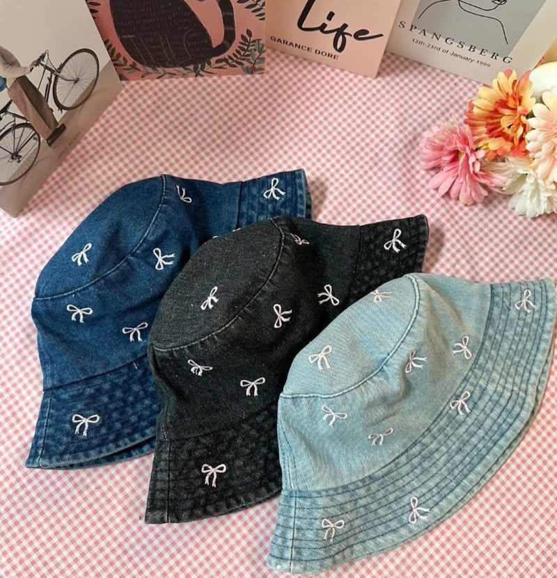 BHU410226 Embroidered Bow Denim Bucket Hat - MiMi Wholesale