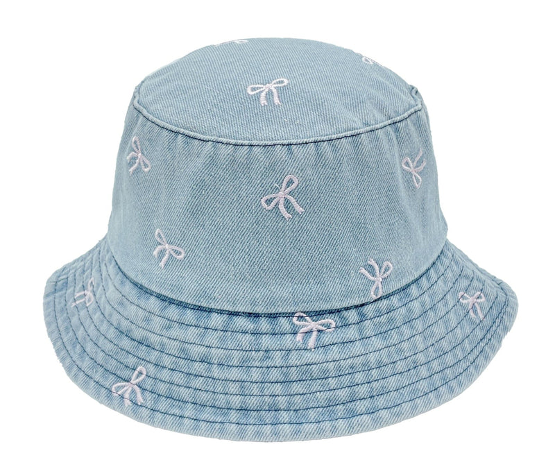 BHU410226 Embroidered Bow Denim Bucket Hat - MiMi Wholesale