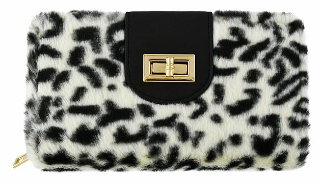 BP041LF Leopard Faux Fur Turn Lock Crossbody Wallet - MiMi Wholesale