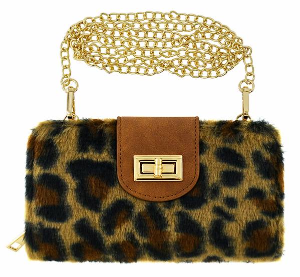 BP041LF Leopard Faux Fur Turn Lock Crossbody Wallet - MiMi Wholesale