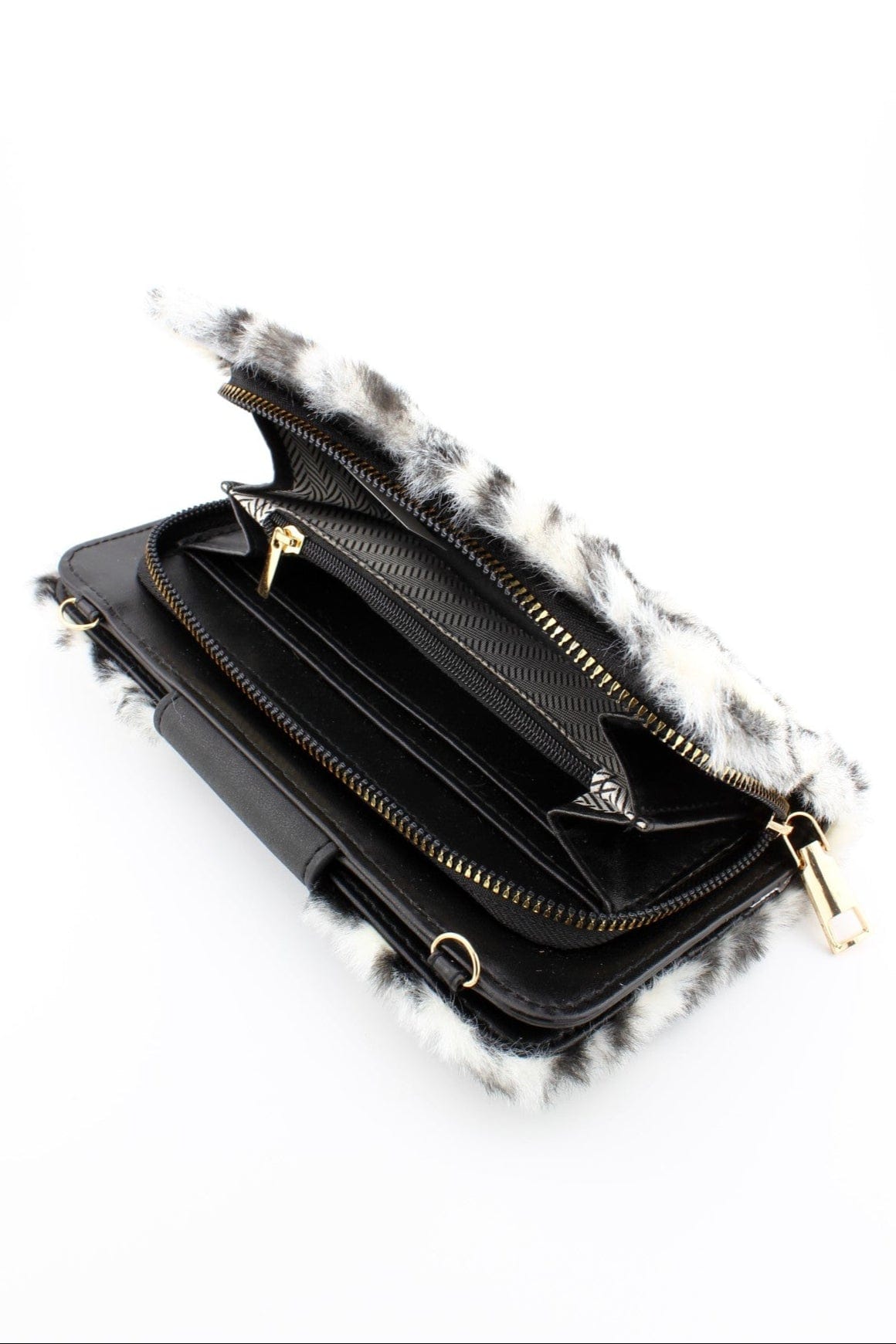 BP041LF Leopard Faux Fur Turn Lock Crossbody Wallet - MiMi Wholesale