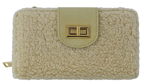 BP041SH Sherpa Turn Lock Crossbody Wallet - MiMi Wholesale