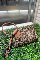 BP204LF Leopard Fur Cuff Handle Tassel/Wristlet Clutch - MiMi Wholesale