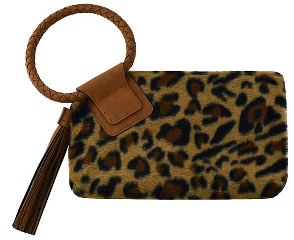 BP204LF Leopard Fur Cuff Handle Tassel/Wristlet Clutch - MiMi Wholesale