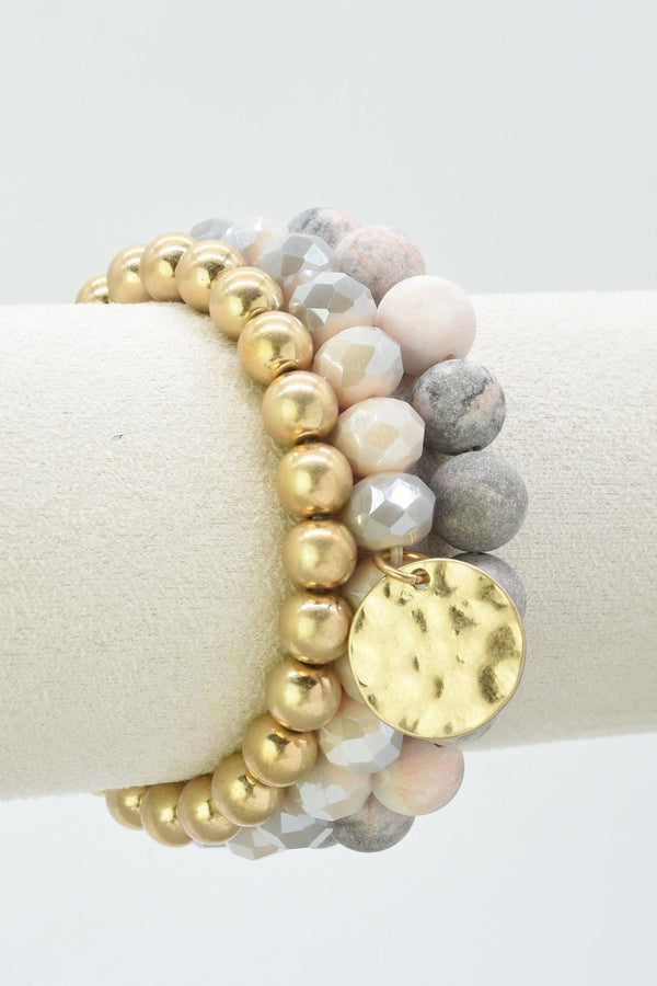 CB2145 Mix Beads 3 Layered Stretch Bracelet Set - MiMi Wholesale