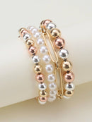 CB2164 Pearl Bead Metal Link Bracelet Set - MiMi Wholesale