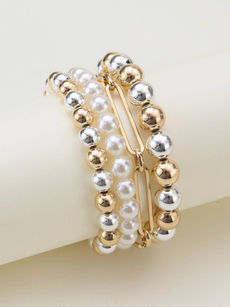 CB2164 Pearl Bead Metal Link Bracelet Set - MiMi Wholesale