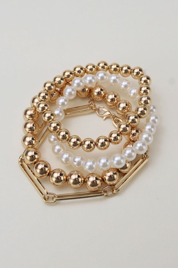 CB2164 Pearl Bead Metal Link Bracelet Set - MiMi Wholesale