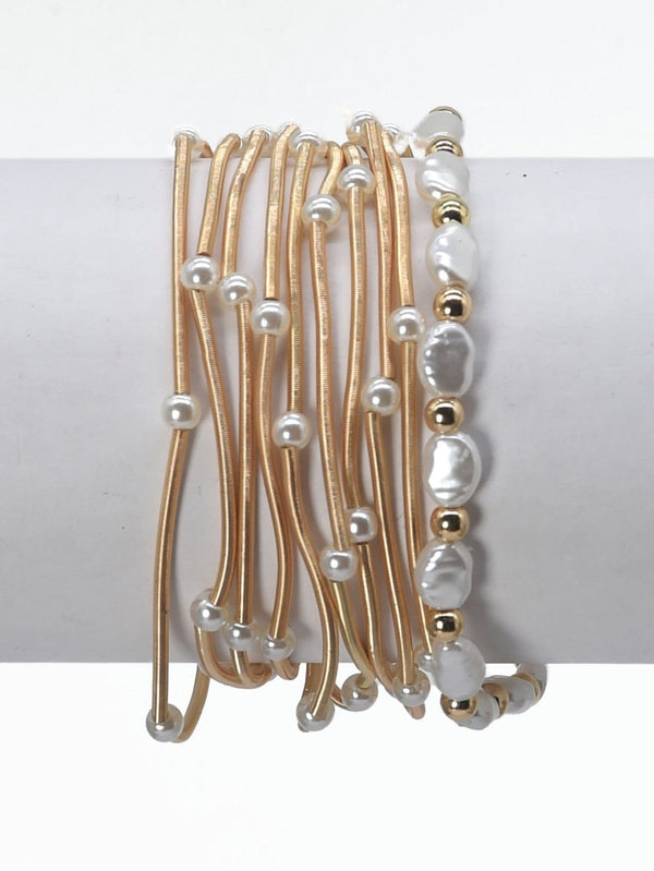 CB2180 Multi Strand Coil Bracelet With Pearls - MiMi Wholesale