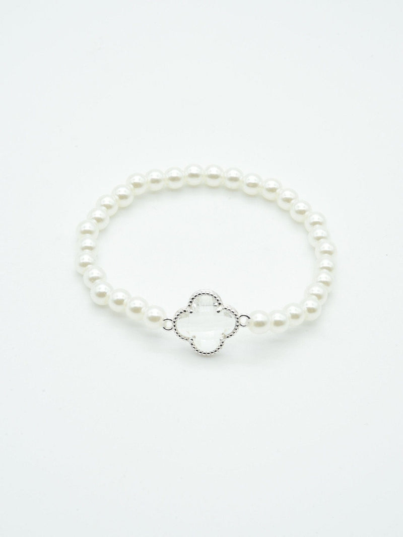 CB2213 Clover Accent Pearl Stretch Bracelet - MiMi Wholesale