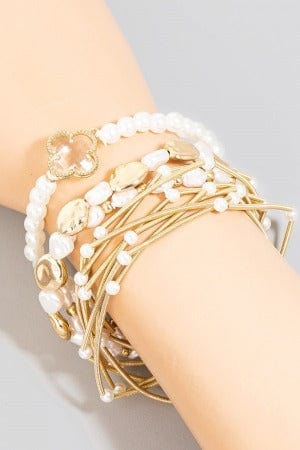 CB2215 Pearl Bead and Metallic Layered Bracelet Set - MiMi Wholesale