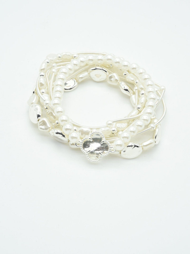 CB2215 Pearl Bead and Metallic Layered Bracelet Set - MiMi Wholesale