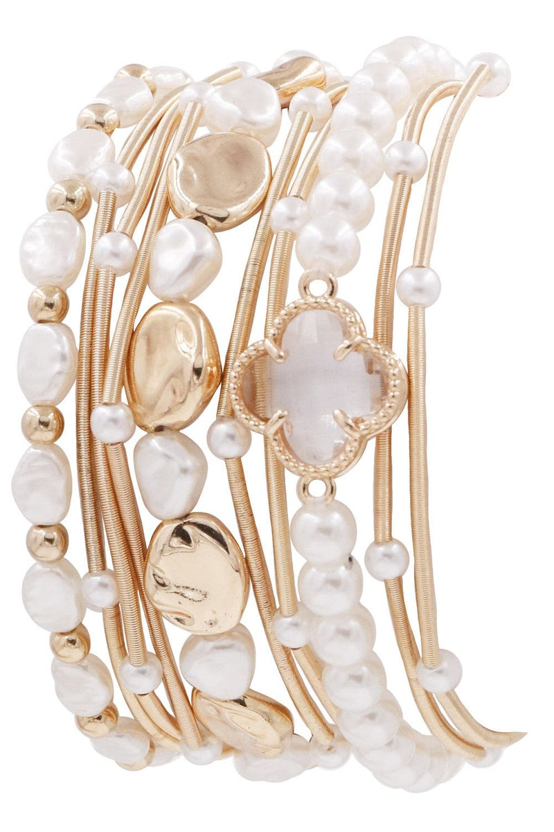 CB2215 Pearl Bead and Metallic Layered Bracelet Set - MiMi Wholesale