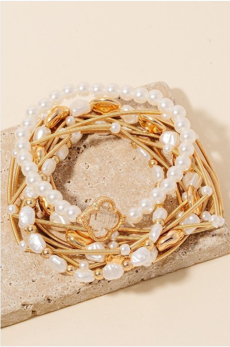 CB2215 Pearl Bead and Metallic Layered Bracelet Set - MiMi Wholesale