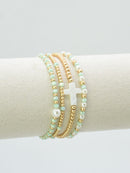CB2349 4 Piece Glass, Pearl, Cross Bracelet Set - MiMi Wholesale