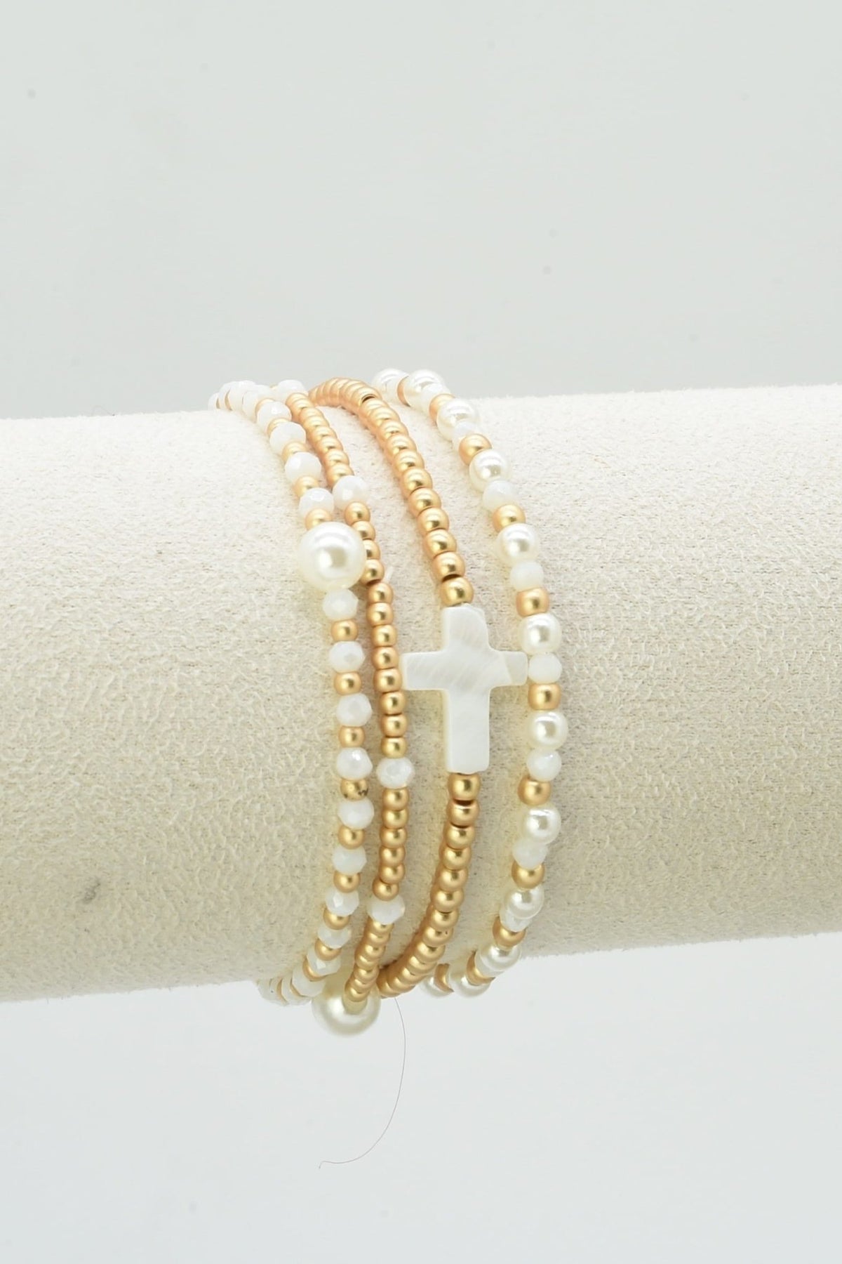 CB2349 4 Piece Glass, Pearl, Cross Bracelet Set - MiMi Wholesale