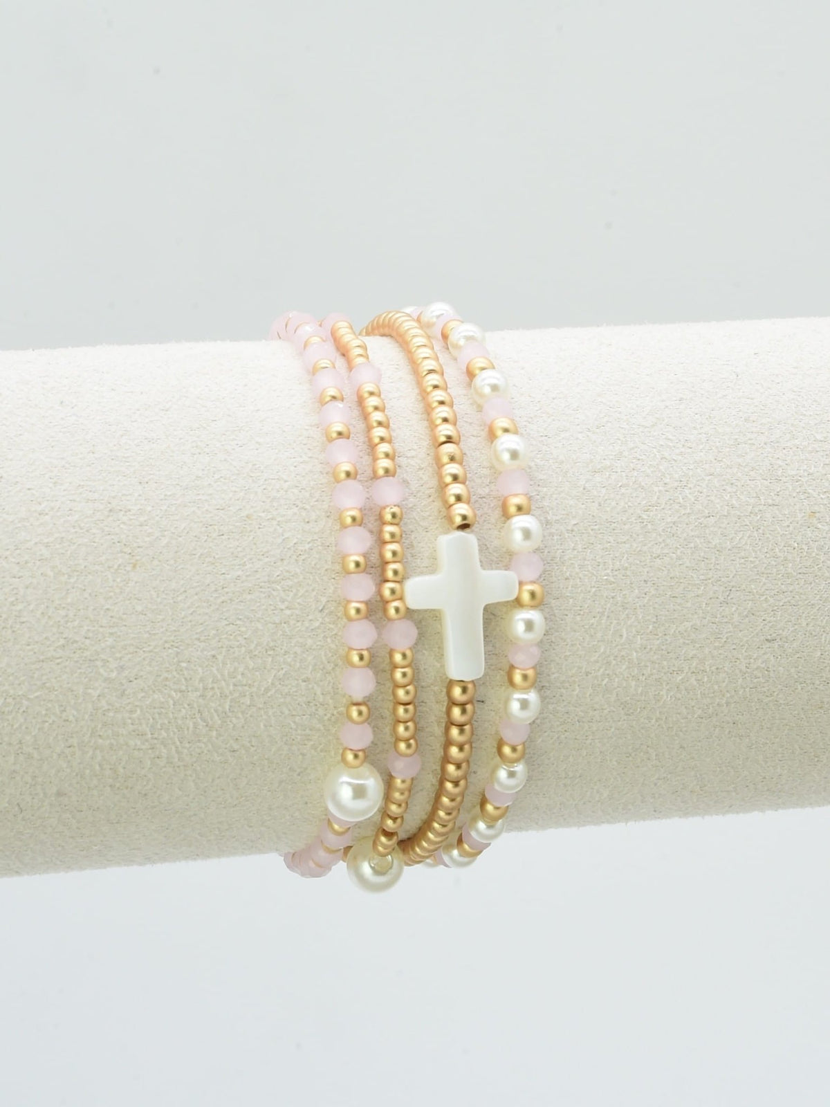 CB2349 4 Piece Glass, Pearl, Cross Bracelet Set - MiMi Wholesale