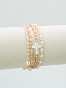 CB2349 4 Piece Glass, Pearl, Cross Bracelet Set - MiMi Wholesale