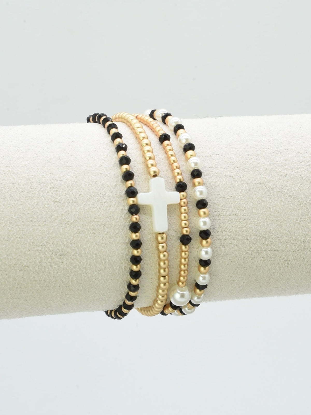 CB2349 4 Piece Glass, Pearl, Cross Bracelet Set - MiMi Wholesale