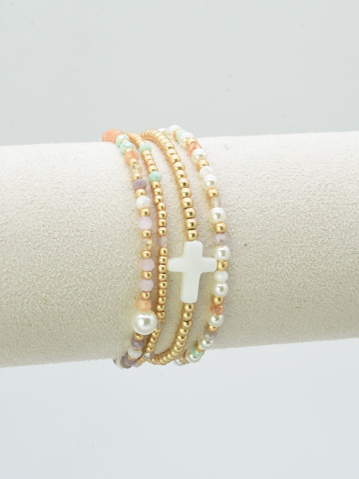 CB2349 4 Piece Glass, Pearl, Cross Bracelet Set - MiMi Wholesale