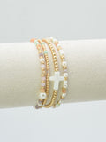 CB2349 4 Piece Glass, Pearl, Cross Bracelet Set - MiMi Wholesale