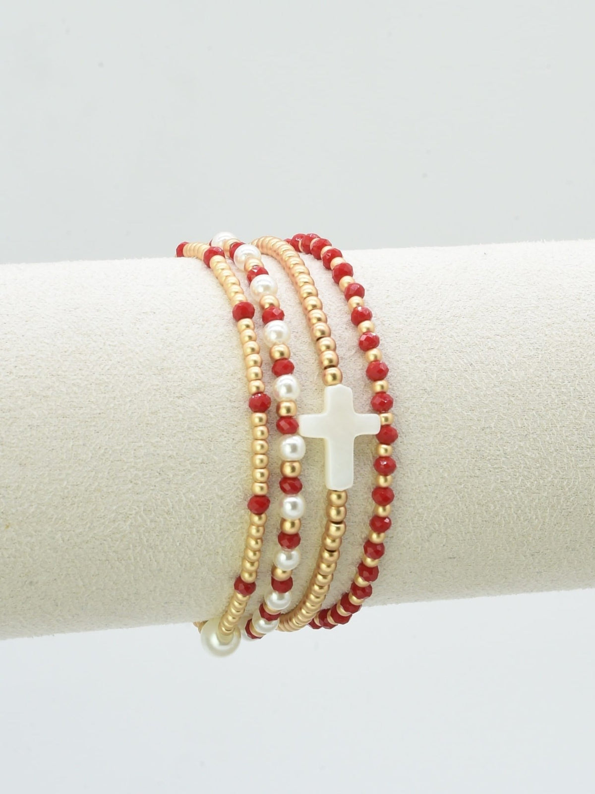 CB2349 4 Piece Glass, Pearl, Cross Bracelet Set - MiMi Wholesale