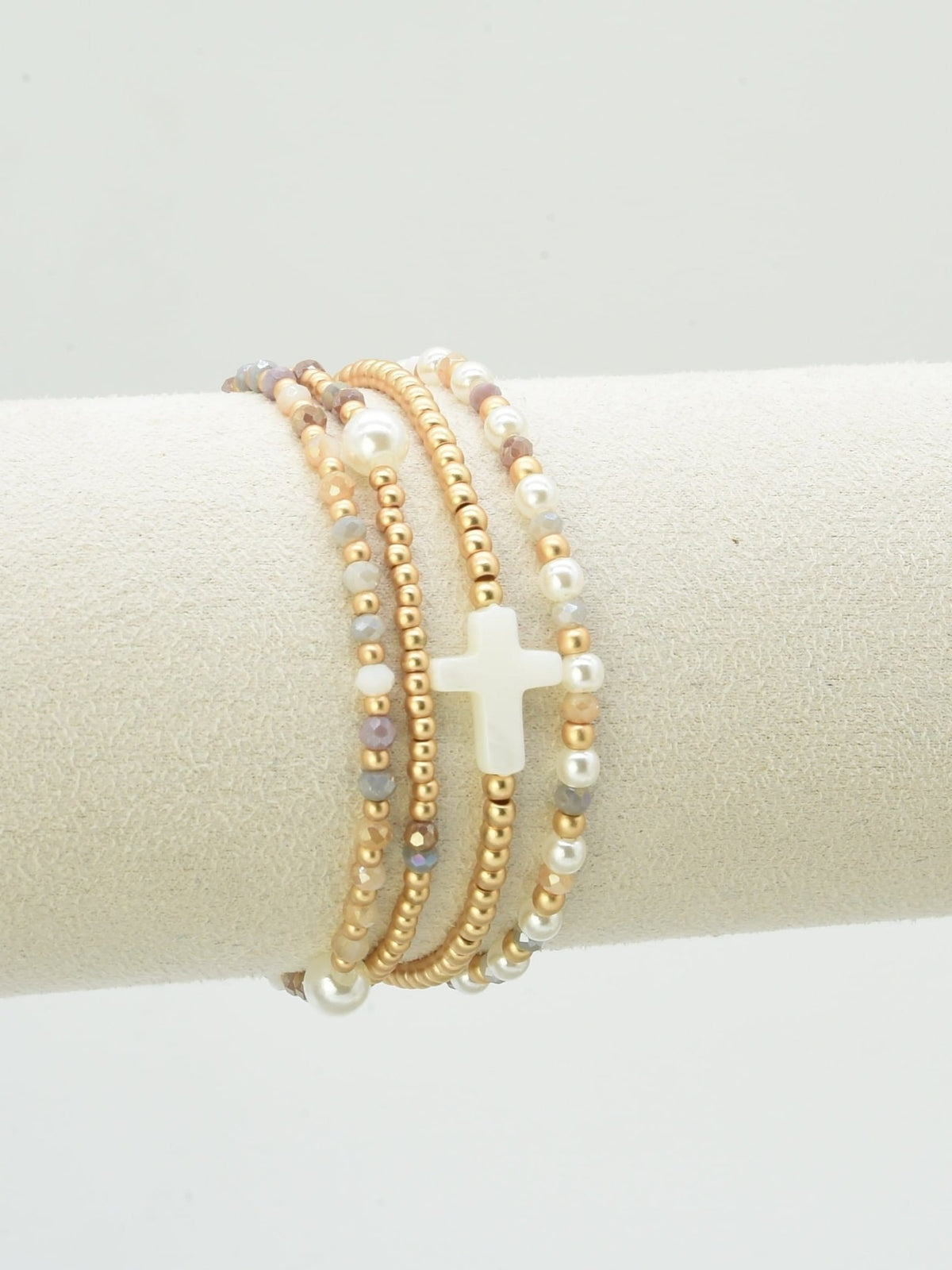 CB2349 4 Piece Glass, Pearl, Cross Bracelet Set - MiMi Wholesale