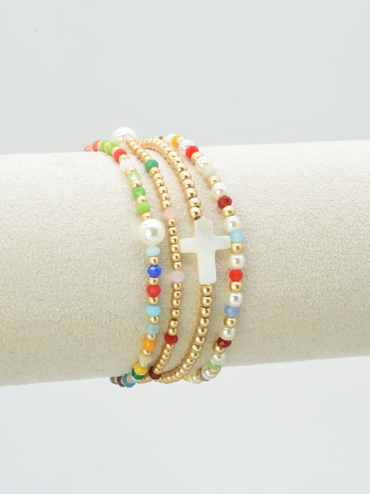 CB2349 4 Piece Glass, Pearl, Cross Bracelet Set - MiMi Wholesale