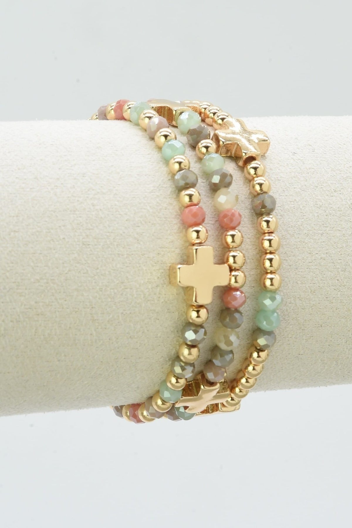 CB2382 Clara Three-Piece Glass Bead Cross Bracelet Set - MiMi Wholesale