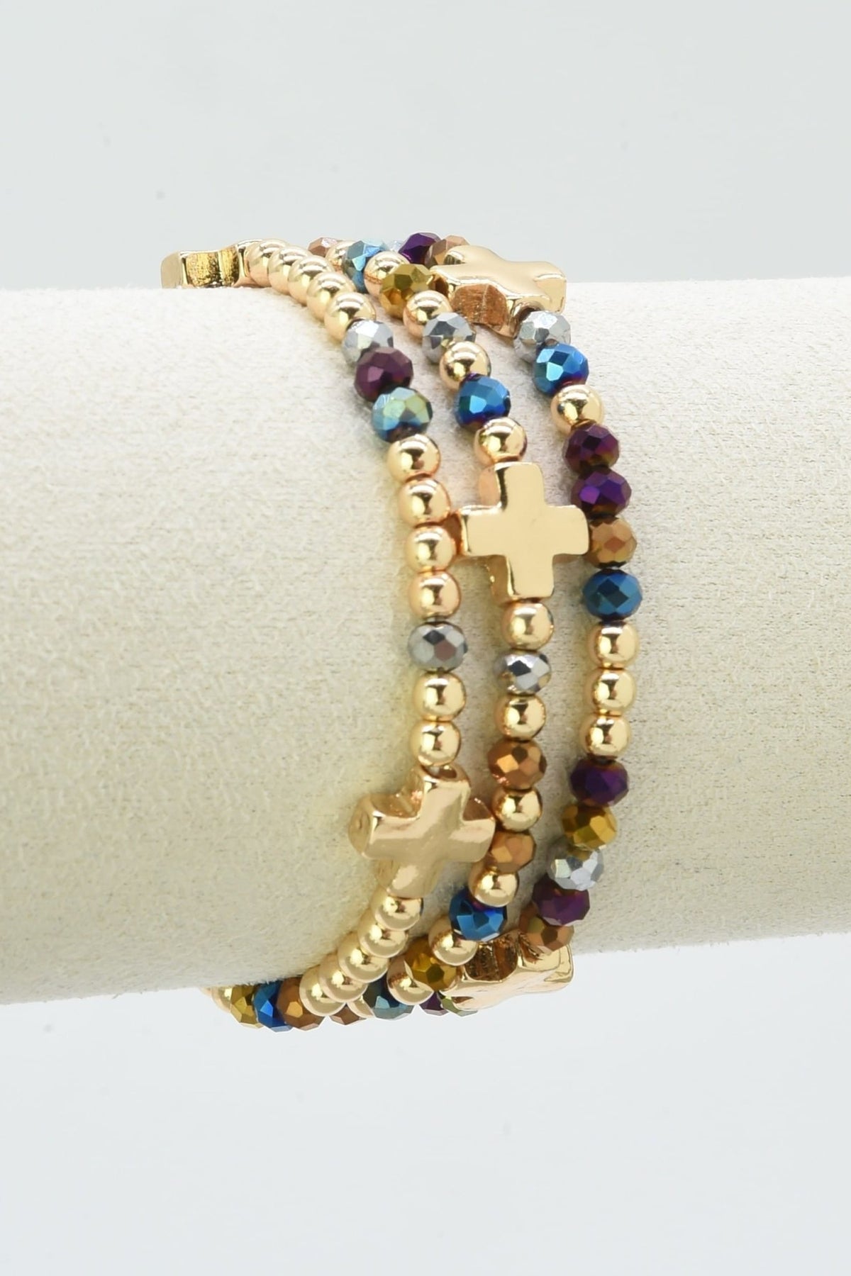 CB2382 Clara Three-Piece Glass Bead Cross Bracelet Set - MiMi Wholesale