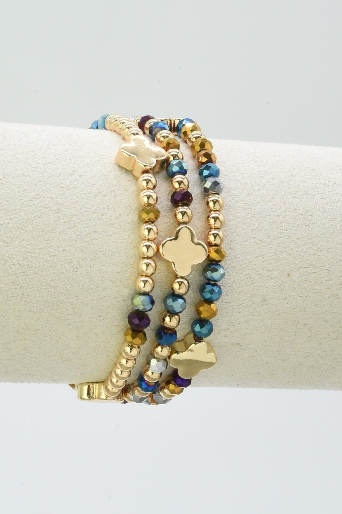 CB2383 Clover Three-Piece Glass Bead Clover Bracelet Set - MiMi Wholesale