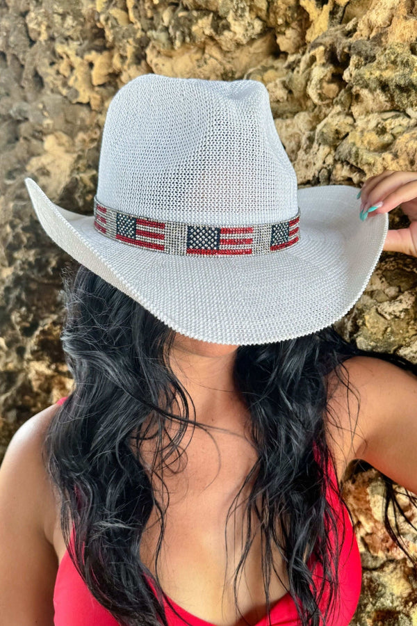 CBC0030 Fairhope Rhinestone American Flag Band Straw Cowboy Hat - MiMi Wholesale