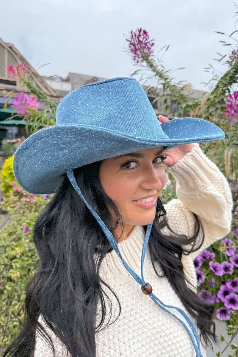 CBC0130 Broadway All Over Rhinestone Denim Cowboy Hat - MiMi Wholesale