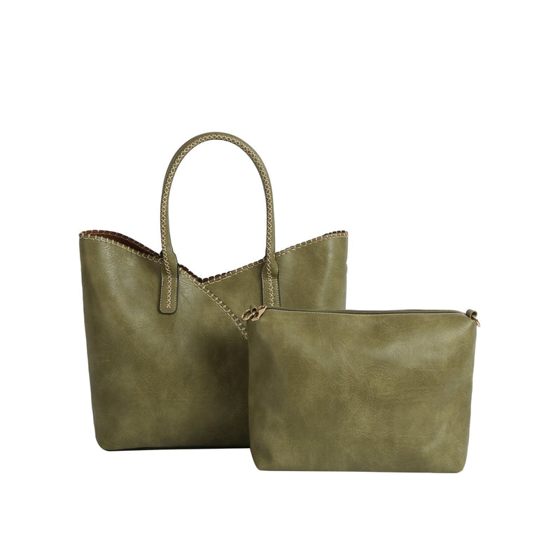COL0012 2 - in - 1 Stitch Trim Detail Shoulder/Tote Set Bag - MiMi Wholesale