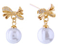 DJE310893 14K Dipped Dangle Pearl Ribbon Post Earrings - MiMi Wholesale